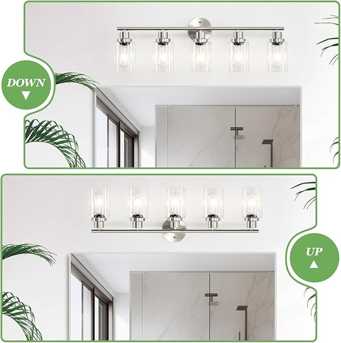 Guliaofo 5-Light Bathroom Vanity Lights, E26 Modern Brushed Nickel Bathroom Light Fixtures with Clear Glass Shade, Mirror Kitchen Hallway Cabinet Living Room Sconces Wall Lights