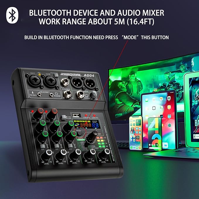 4 Channel Audio Mixer With Effects 88 Dsp Mixer Mixing Board Usb Interface Bluetooth Music Player + 48v Line Phantom Power Audio Mixer To Pc/Phone For Karaoke Record Livestream