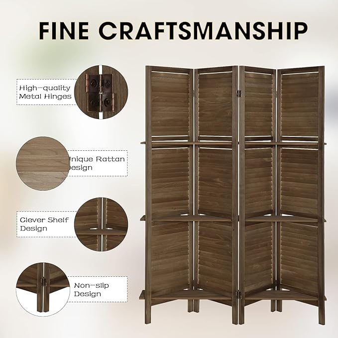 4 Panel Room Divider with Shelves, Room Dividers and Folding Privacy Screens, Folding Room Dividers 4 Panel, Wood Room Divider with 3 Display Shelves for Home Office (Brown)