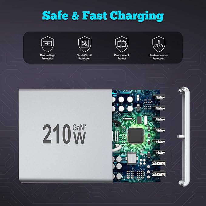 USB C Charger Block 200W, GaN 8-Port USB-C PD Fast Charging Station Desktop Hub, PD65W Laptop Charge Adapter Compatible with MacBook Pro/Air/DELL/Steam Deck/iPhone 16/15/Galaxy S22/S23