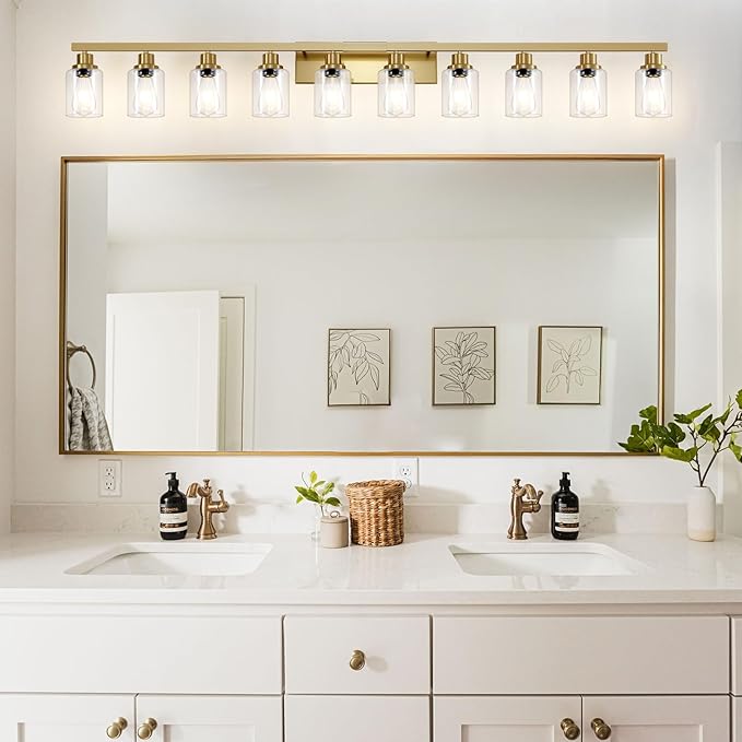 DIKAIDA Gold Bathroom Vanity Light,10-Light Brushed Gold Bathroom Light Fixtures with Clear Glass,64.5in Wall Lamp Sconces for Mirror Bedroom,Living Room Hallway,E26