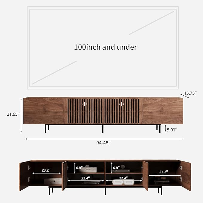 gaoyangjiaju 94.48" Mid-Century Modern TV Stand, Walnut Media Console with 4 Storage Cabinets, Entertainment Center for TVs up to 100 Inches, Ideal for Living Room or Bedroom