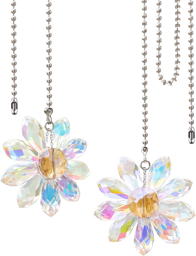 LEFERS Ceiling Fan Pull Chain, 2 Pieces 1.8" Crystal Glass Flower Pendants with 24" Ceiling Fan Chain Extender and Connector (Crystal AB)