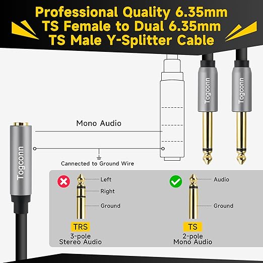 Togconn 1/4 inch TS Mono Splitter Y Adapter, 6.35mm Mono Female to Dual 6.35 mm TS Mono Male Jack, Quarter inch Audio Speaker Splitter Converter Cable 1 Feet, Gold Plated Connectors