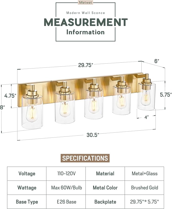 METWET 5-Light Bathroom Light Fixtures, 30 Inch Brushed Gold Vanity Light with Cylinder Clear Glass Shade, Modern Vanity Lighting Fixtures Over Mirror, VL143-BG-5