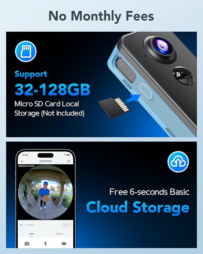 XTU Battery Doorbell, 180° Head-to-Toe Video, Live View with Two-Way Talk, No Monthly Fee, 2.4G Wi-Fi with Chime, Local/Cloud Storage, Human Detection, Compatible with Alexa & Google Home