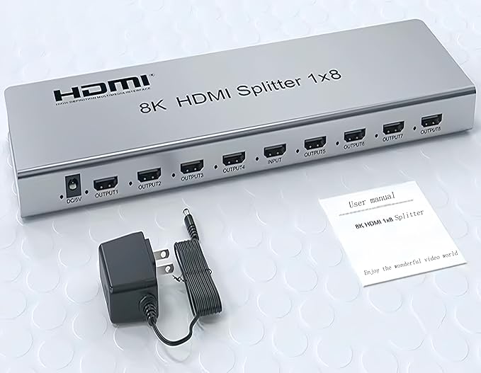 SGRAPID HDMI Splitter 1×8 8K HDMI2.1 Splitter 1 in 8 Out Distributor Affordable Multi-Monitor 8K@60Hz Full Ultra-HD with EDID RS232 Supports HDR HDPC2.2 3D Imaging 48Gbps Cascade DLP LCD HDTV DVD etc