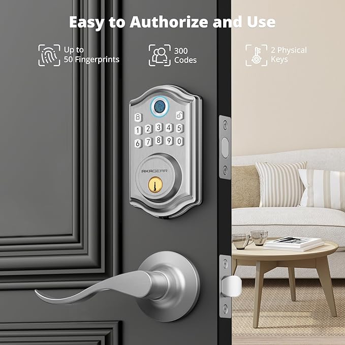 AkaGear DS10 Keyless Entry Door Lock with Handle - 2 Lever Handles, Fingerprint Door Lock, Keypad Deadbolt, 2 Keys, Code, Smart Locks for Front Door, Auto-Lock, Easy Installation - Satin Nickel