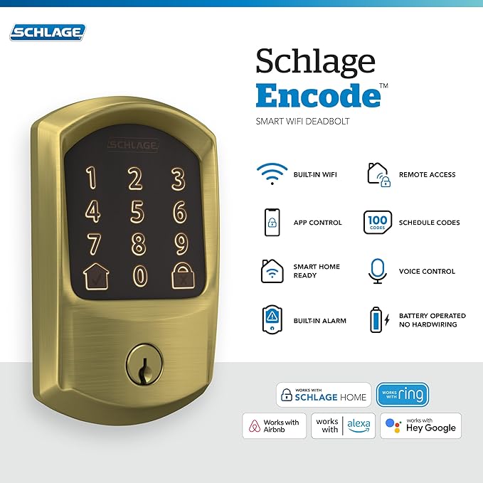 Schlage BE489WB-GRW Encode WiFi Enabled Electronic Keypad Deadbolt with Greenwich Trim - Satin Brass