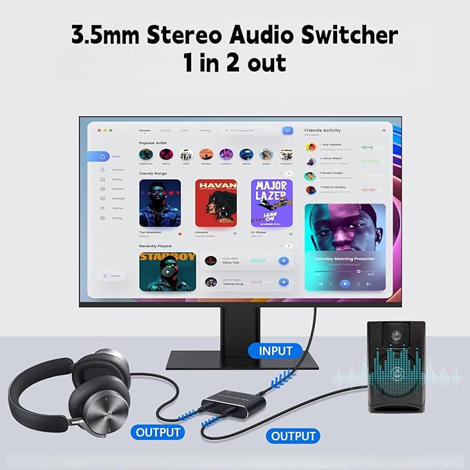 Audio Switch 3.5mm Bi-Direction Switch,Stereo Audio Switcher 2 in 1/1 in 2 Out,A udio Swit ch Headphone Manual Selector Splitter for PC Phone Laptop Headphone(Black)