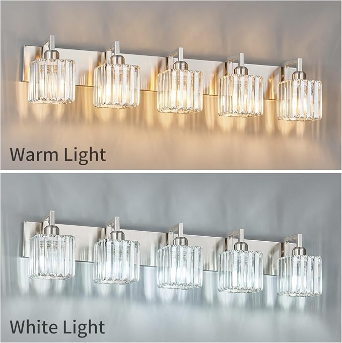FDPBY Modern Bathroom Vanity Light 5-Lights Brushed Nickel Vanity Light Crystal Wall Light Bathroom Light Fixtures