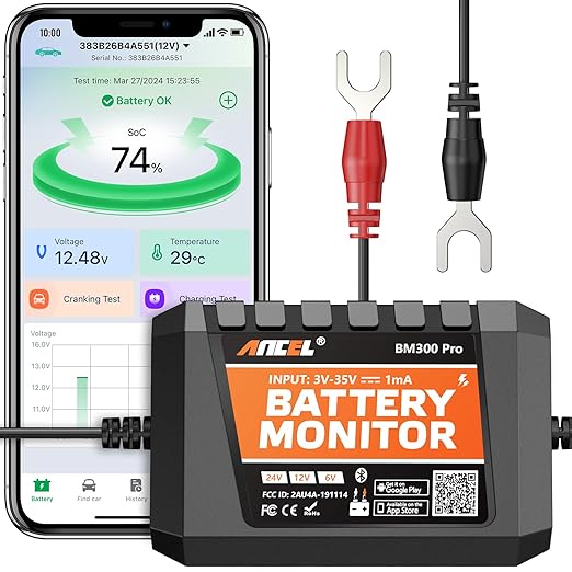 ANCEL BM Series 24V 12V 6V Battery Monitor - BM300 Pro Bluetooth 5.3 Battery Monitor with Charging, Cranking System Test & Alarm - IP67 Waterproof Voltmeter for Trucks, Cars, Motorcycles, Boats