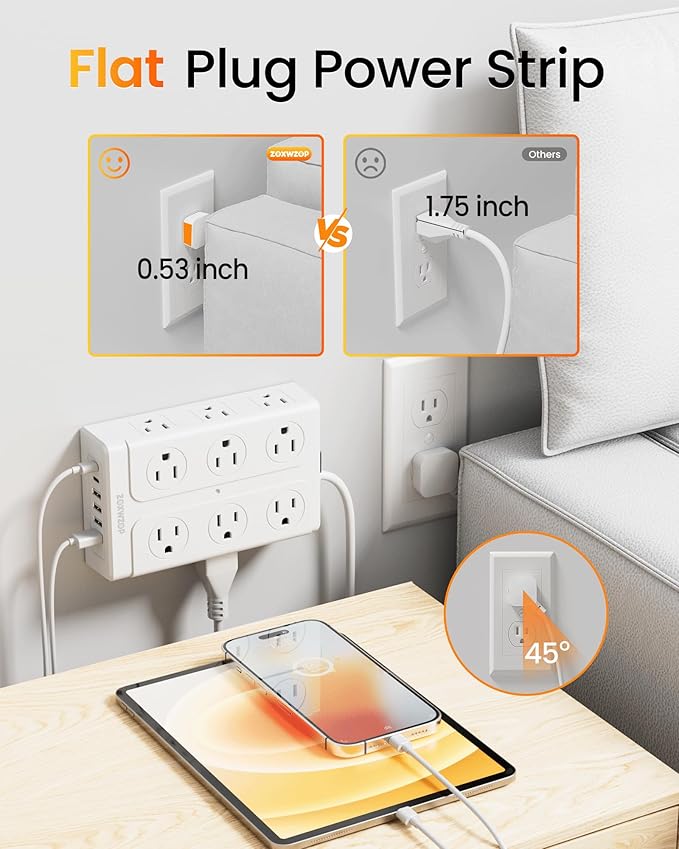 Zoxwzop Surge Protector Power Strip – 10FT Extension Cord with 12-Outlet 4 USB-A & 2 USB-C Ports, 1850W/15A, Flat Plug, Wall Mountable – ETL Listed for Home, Dorm Room