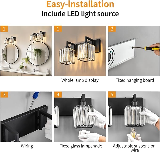 FDPBY Modern Bathroom Vanity Light 2-Lights Black Crystal Bathroom Wall Light Vanity Light Fixtures