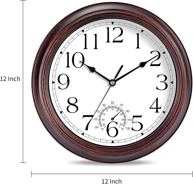 KECYET 12 Inch Outdoor Wall Clock with Thermometers, Vintage Silent Wall Clocks Battery Operated, Retro Non-Ticking Clock Decorative for Living Room, Patio, Kitchen, Office, Bathroom, Bedroom(Bronze)