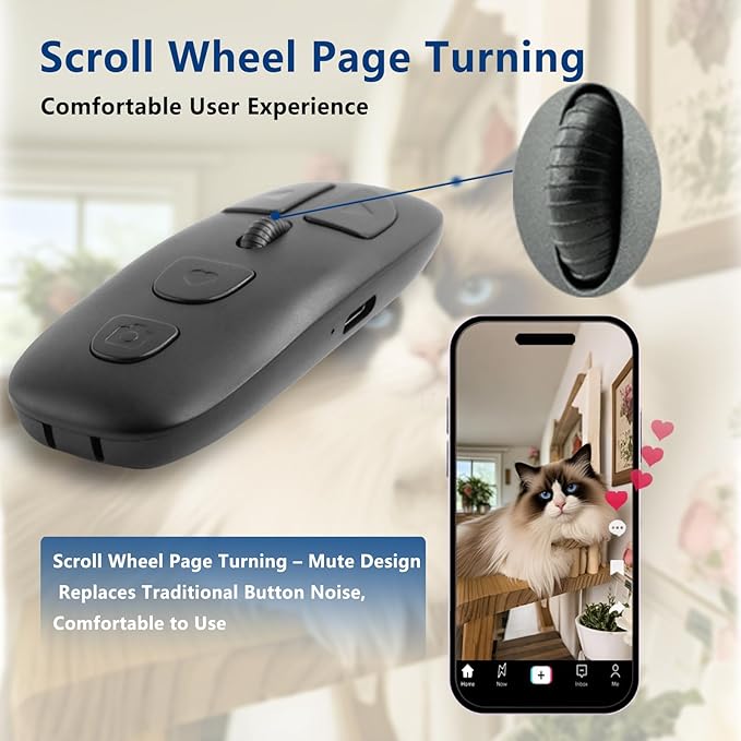 TikTok Multi-Function Scroll Ring Remote Control – Supports Page Turning, Volume Adjustment, Bluetooth Photo & Video Shooting, Compatible with iOS and Android.