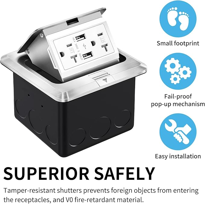 Vagueior Recessed Floor Electrical Outlet Kit,Waterproof Electrical Outlet Covcer Box,Hidden 4.8A USB+20A Tamper-Resistant Receptacle Outlet with Slow Elastic Damping ，ETL Certified,Silver (2 Pack)