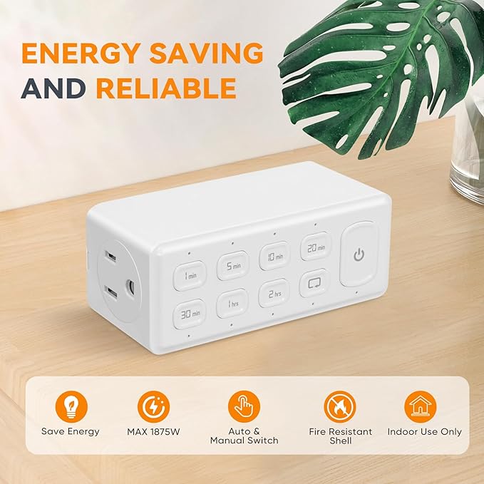 TOPELER Countdown Timer Dual Outlet, Programmable Electrical Timers Outlets with Repeat Function, Up to 4H for Lights, Fan, Appliance, Electric Bike, 3-Prong, 15A/1875W, ½ HP, 2 Pack