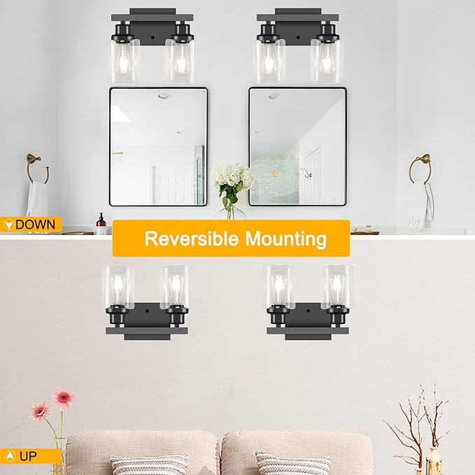 DIKAIDA Bathroom Vanity Light, 2-Light Modern Matte Wall Sconce Lighting with Clear Glass Shade, Wall Lights,Bath Vintage Wall Mounted Lamps for Mirror Bedroom Living Room