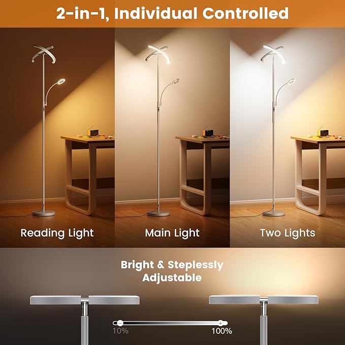 SIBRILLE 2-in-1 Dimmable Floor Lamp with Reading Light - Rotatable Standing Lamp with Remote&Touch Control, Stepless Color Brightness Adustable, Modern Lamp for Living Room Bedroom Office, Silver