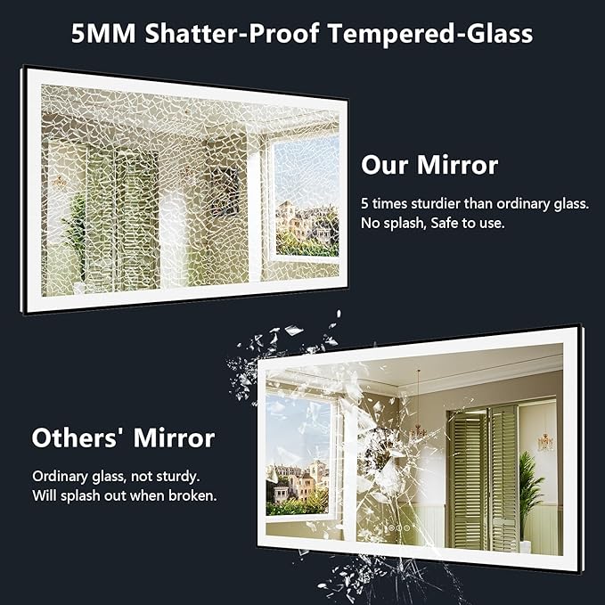 YEELAIT 60x38 Inch LED Bathroom Mirror with Lights (Front Lit and Backlit) Black Framed Lighted Vanity Mirror for Bathroom Wall Dimmable Anti-Fog Memory Tempered Glass Horizontal/Vertical