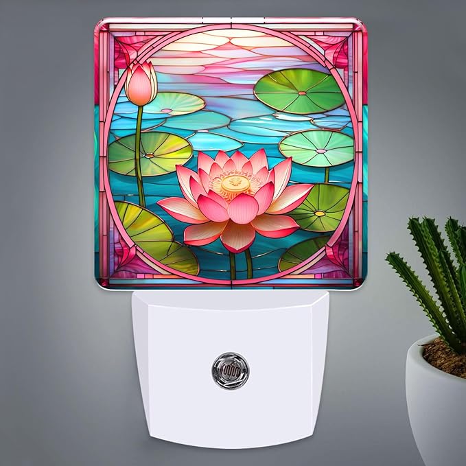 PODMemory Lotus Stained Glass Night Lights Plug into Wall for Room, Lotus Night Light LED for Bedroom