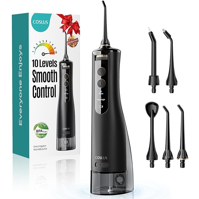 COSLUS Portable Water Flosser for Teeth: 10 Pressure Settings Professional Water Dental Pick for Orthodontic, Braces & Sensitive Gums - Cordless for Travel Use, for Adults Teens, BPA-Free, E40