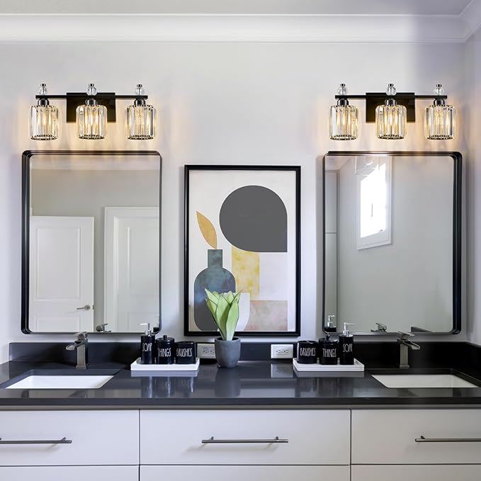 FDPBY Bathroom Vanity Lights 3-Light Plating Black Modern Crystal Vanity Light Fixtures Over Mirror Crystal Bathroom Vanity Lighting Fixtures