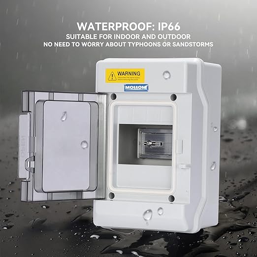 Mollom 4 Way Power Distribution Box with Bus Bars and Din Rail for Miniature Circuit Breaker MCB, Waterproof IP66.Padlock Available for Indoor and Outdoor Use