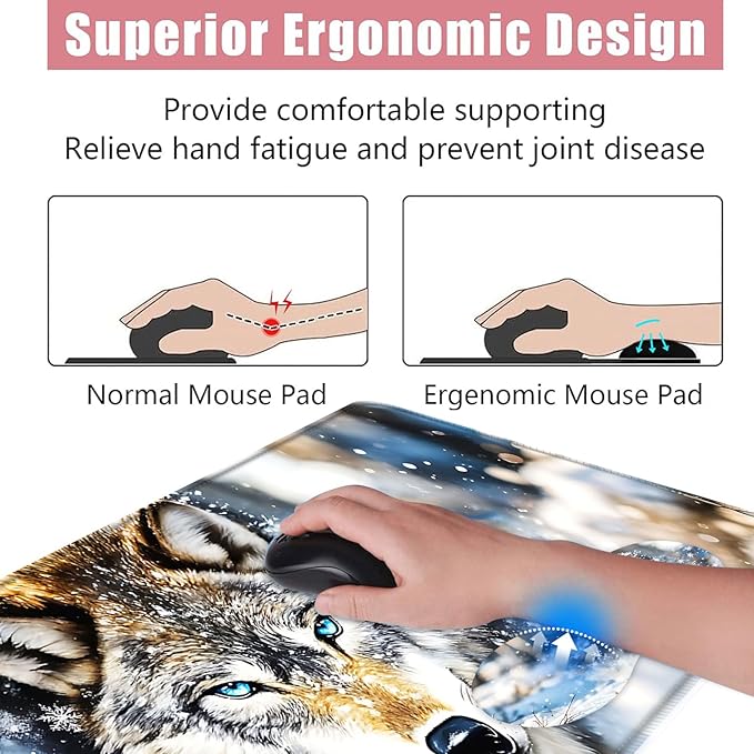 BFUKVOU Large Keyboard Mouse Pad Set, Extended Mouse Pad+Keyboard Wrist Rest Support, Memory Foam Ergonomic Easy Typing, 4Pcs (31.5×11.8 in) Desk Pad Set for Office Home,Snowy Wolf
