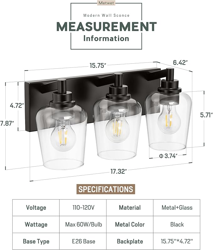 METWET Bathroom Light Fixtures, 3-Light Modern Vanity Light with Clear Glass Wine Glass-Shaped Shade, Vanity Lighting Fixtures Over Mirror, Matte Black, VL155-MB-3