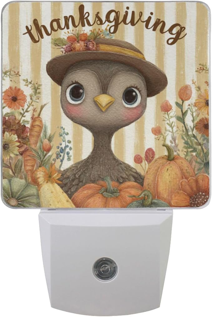 Pigsaly Led Night Light Thanksgiving Cute Turkey Autumn Pumpkins Carrots Wildflowers Night Light Plug in Wall Lamp Smart Dusk to Dawn Sensor Nightlight Led Lamp Energy Saving Lights Gift for Kids Ro