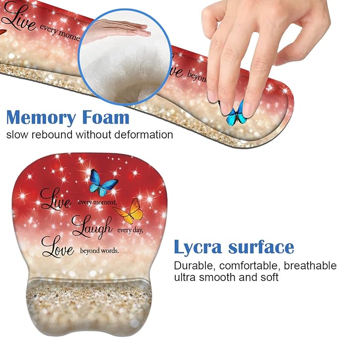 Ergonomic Mouse Pad Wrist Support and Keyboard Wrist Rest Set with Coasters, Non-Slip PU Base, Easy Typing & Pain Relief, Perfect for Home Office Working Studying, Red Glitter Quote Live Laugh Love