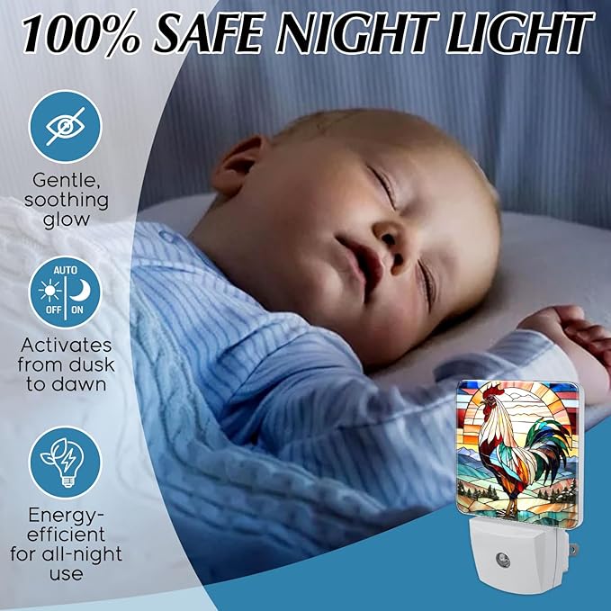 PODMemory Rooster Stained Glass Night Lights Plug into Wall for Room, Rooster Night Light LED for Bedroom