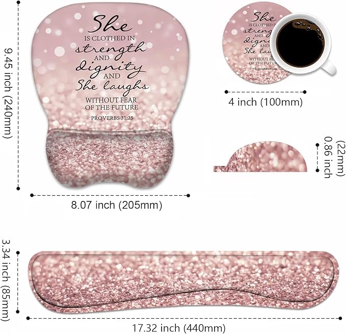 ERWYTYIOI Ergonomic Mouse Pad Wrist Support and Keyboard Wrist Rest Set with Coasters, Non-Slip PU Base, Easy Typing & Pain Relief for Computer Laptop Home Office, Bible Verses Proverbs 31:25