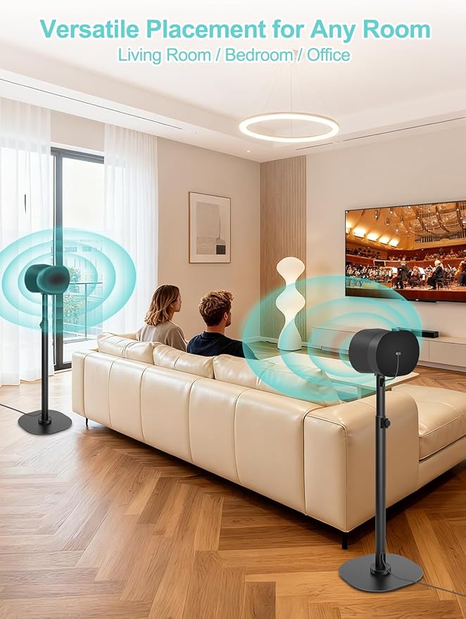 Haturi Speaker Stands Pair for Sonos ERA 100 & 300 Adjustable 22”–42” Floor Stands with Cable Management Heavy Duty Metal Construction Non Slip Base for Living Room Bedroom Office