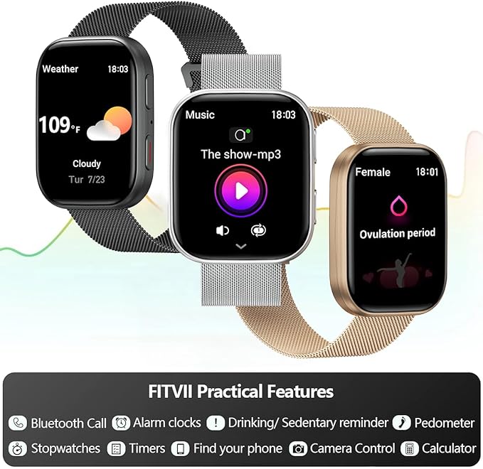 FITVII Health & Fitness Tracker (Answer/Make Calls), Smart Watch with 24/7 Heart Rate and Blood Pressure, Sleep Tracking, Blood Oxygen Monitor, 120+ Sport Modes Activity Tracker for Women Men