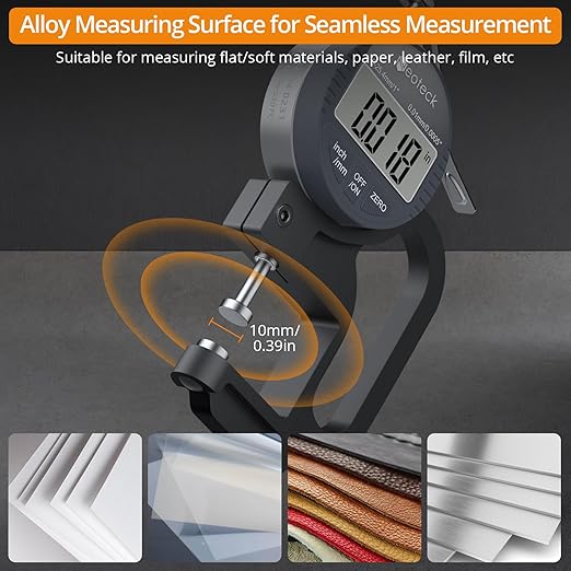 Neoteck Digital Thickness Gauge 1inch/25.4mm,0.0005inch/0.01mm LCD Display with Inch/MM Conversion One-Hand Quick Press Thickness Measuring Tool for Leather Paper Fabric Film etc.-Silver-Grey