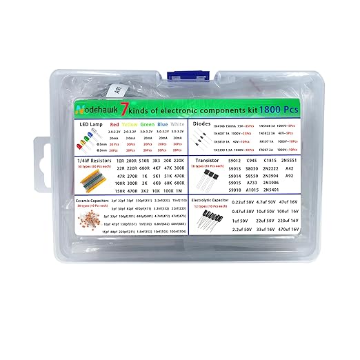 Nodehawk Electronic Component Kit -Total 1800 Pcs, LED Diodes, Resistors, Capacitors, Ceramic Capacitors, Transistors, Diodes - for DIY Projects, Electronics Hobbyists