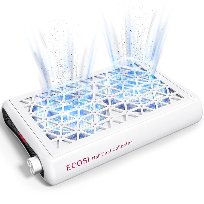 ECOSI Nail Dust Collector, Dual Turbo & 1600PA Professional Vacuum Fan Dust Extractor with 30 Pcs Filter Papers, 8000RPM Stepless Adjustable Suction for Manicure, Salon Nail Tech & Home (White)