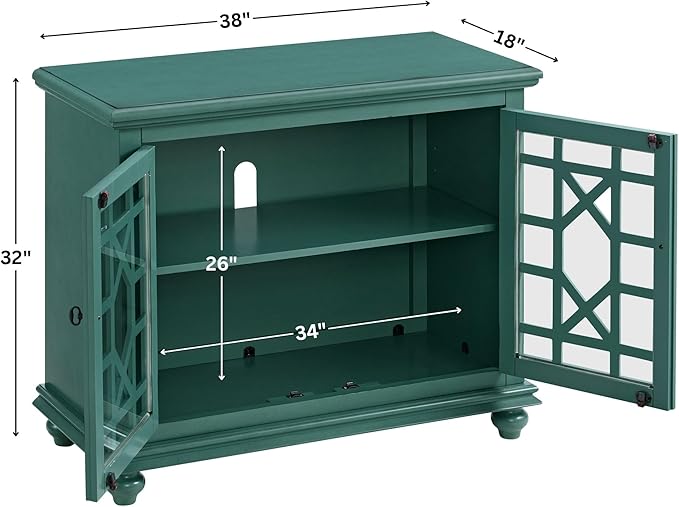 Martin Svensson Home Elegant Small Spaces Accent Cabinet with Glass Doors, Vintage Sideboard or Small TV Stand for Living Room or Entryway. Antique Teal Green.