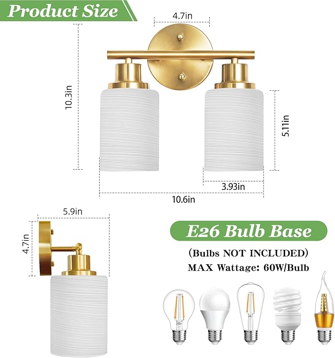 Guliaofo 2-Light Vanity Lights, Brushed Gold Bathroom Light Fixture with Striped Textured Milky White Glass Shade, Modern Vanity Lighting Fixture for Bathroom Wall Light Over Mirror, E26 Wall Sconce