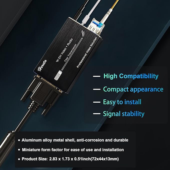 Hereta Mini 4K@60Hz HD DVI Fiber Video Extender DVI to Fiber Converter Optical Transceiver Up to 20km Data Rate up to 10.2Gbps Over Single-Mode with 3.5mm External Stereo Audio