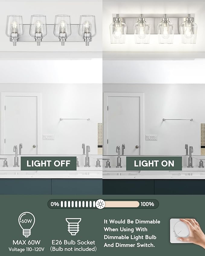 METWET Bathroom Light Fixtures, 4-Light Modern Vanity Light with Clear Glass Wine Glass-Shaped Shade, Vanity Lighting Fixtures Over Mirror, Brushed Nickel, VL155-BN-4