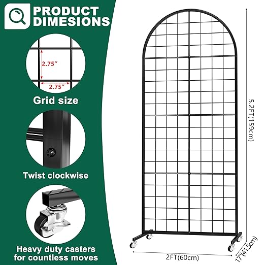 Asee'm Grid Wall Panels Display Stand 2' x 5.2' FT Black Movable Wire Grid Wall Display Rack Heavy Floorstanding Detachable Girdwall Panel with T-Base for Craft Show Rack, Retail Displays 1PCS