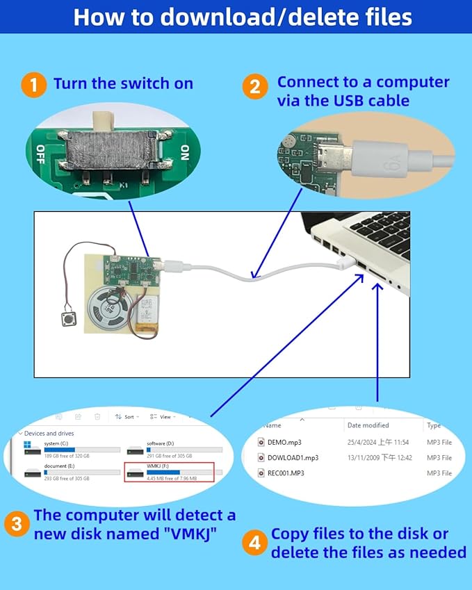 2pcs DIY Audio Recorder and Player kit,Record standalone or Download Music via USB Type-C,Compact Size, Includes PCB, Speaker, Battery, Buttons, for Personalized Greeting Cards, Music Boxes, and More
