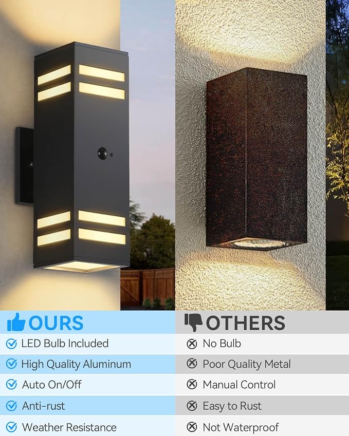 Zinola Motion Sensor Outdoor Lights 2 Pack, Modern Outdoor Wall Lights Black Exterior Lighting Fixtures, Square Motion Detector Lights for Outside, Waterproof Sconce for House Porch, Bulbs Included