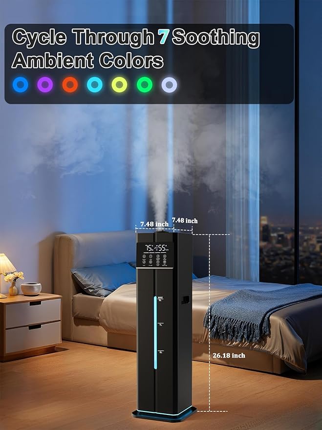 Zeova 9L/2.4Gal Smart Cool Mist Humidifier, Top Fill Quiet Humidifier Large Room, Covers 550ft², App & Remote Control, 60H Runtime, 7 Colors Light, 4 Mist Modes Humidifiers for Bedroom, Office, Black