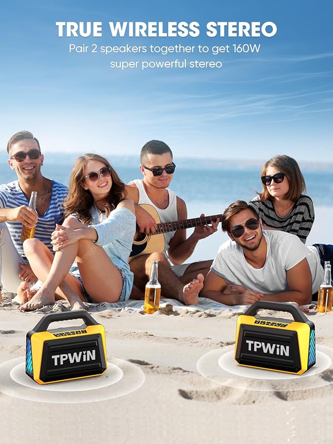 TPWIN Portable Bluetooth Speakers - Wireless Jobsite Speaker 80W Peak, TWS, Light Shows, Loud Speaker with Deep Bass, BT 5.3, IPX6 Waterproof, 20H Playtime for Outdoor Beach Camping Garage - Yellow