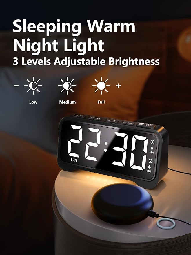 Vibrating Alarm Clock for Heavy Sleepers with Bed Shaker, Extra Loud Buzzer, Dual Alarms, Adjustable Night Light, USB Charging, Battery Backup, for Seniors, Teens, Hearing Impaired